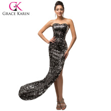 Grace Karin Sexy Stunning Asymmetrical Strapless Split Leg Black Sequins Prom Dresses CL007589-1